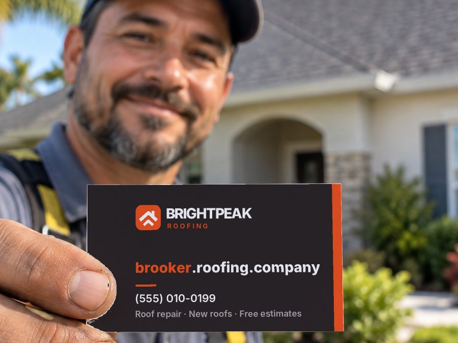 brooker.roofing.company on a roofer's business card