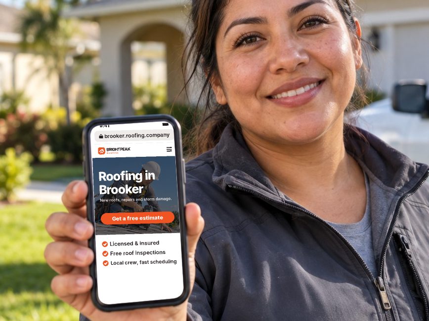 brooker.roofing.company open in a phone browser