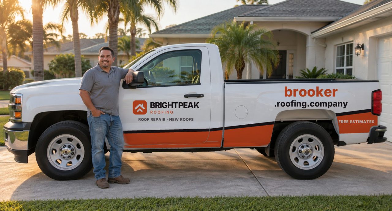 brooker.roofing.company painted on the side of a white work truck