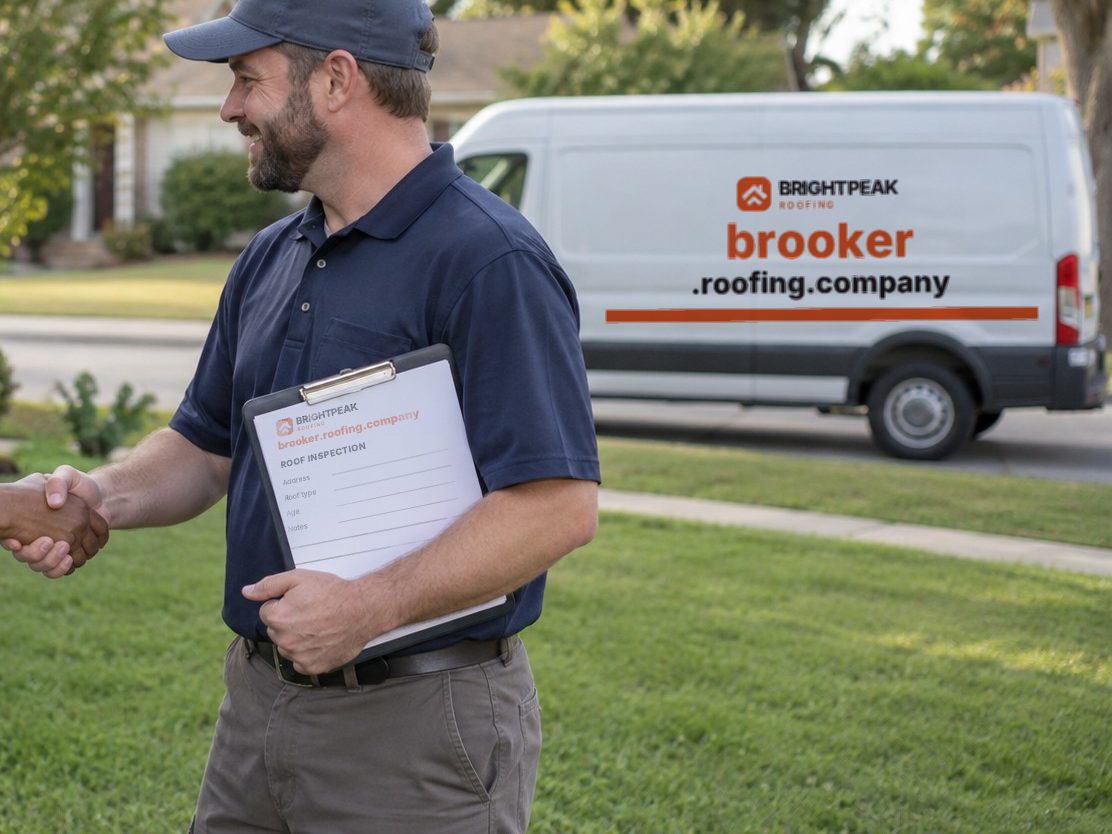 brooker.roofing.company on a roofing van and an inspection form